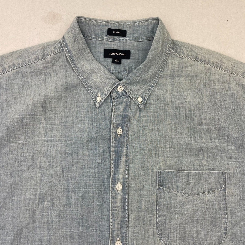 J. Crew Jean Shirt Mens 2XL Blue Denim Look Button Down Short Sleeve NWT - Picture 2 of 11